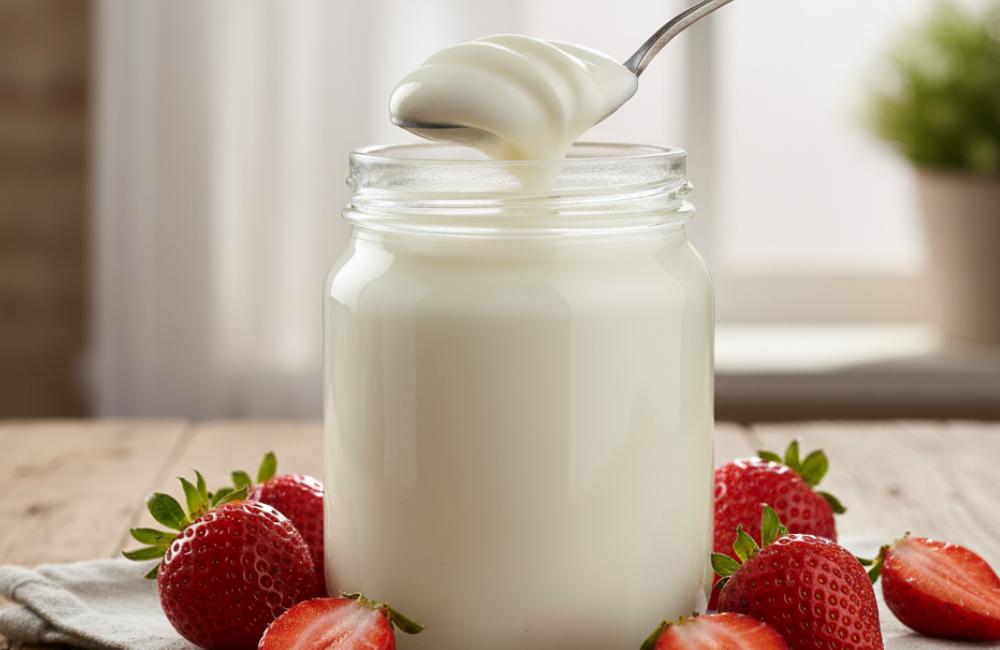 Iogurte natural cremoso com morangos: sabor, saúde em cada colherada